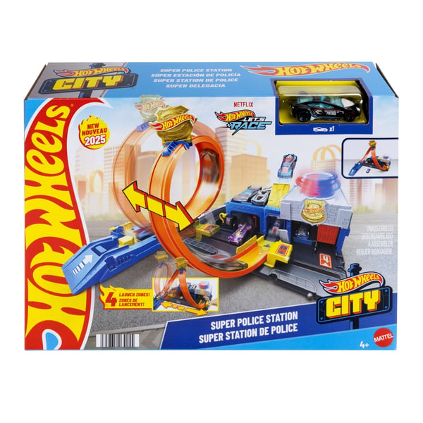 Hot Wheels City Super Police Station-legesæt med politibil i skala 1:64 og justerbart bane-loop
