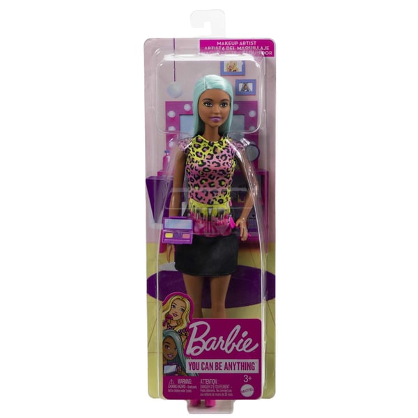 Barbie makeupartist-dukke med blågrønt hår og jobrelevant tilbehør som palet og pensel