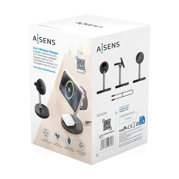 AISENS ASCH-15W3WC066-BK oplader til mobil enhed Hovedtelefoner, Smartphone, SmartWatch Sort USB Trådløs opladning Indendørs
