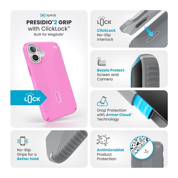 Speck Presidio2 Grip ClickLock & MagSafe til iPhone 16 Plus pink