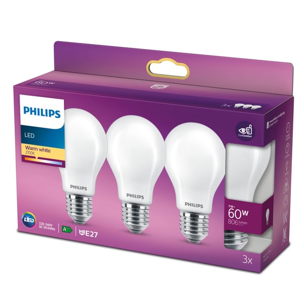 Philips Filament pære, matteret 60 W A60 E27 x 3