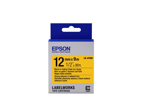 Epson etikettkassett stark självhäftande tejp – LK-4YBW stark tejp svart/gul 12/9
