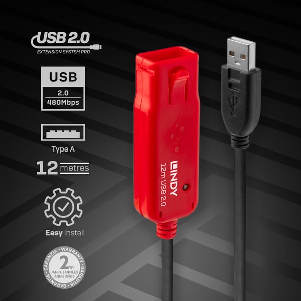 Lindy 42782 USB-kabel USB 2.0 12 m USB A 0,48 Gbit/sek. Sort