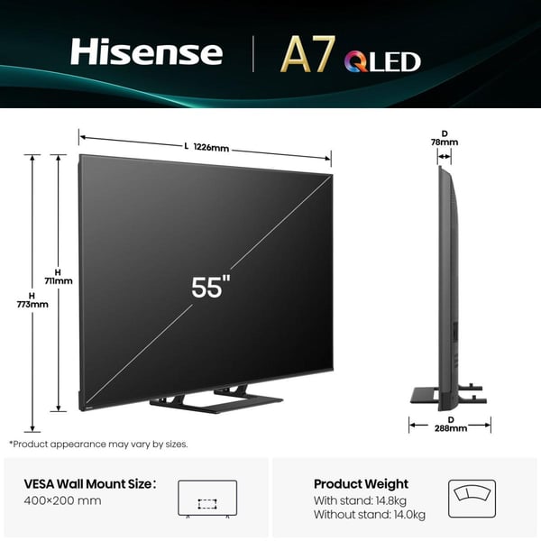 Hisense A7Q 55A7Q 139,7 cm (55") 4K Ultra HD Smart-TV Wi-Fi Svart