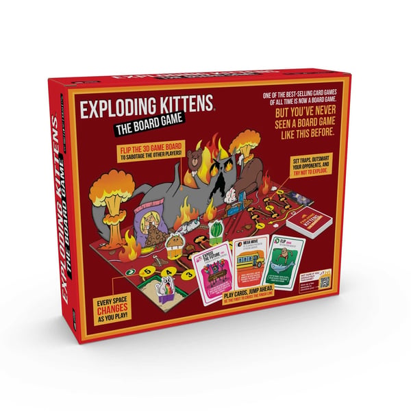 Asmodee Exploding Kittens The Board Game One of the best-selling card games of all time is now a board game. But you've never seen a board game like this before. - Flip the 3d game board to sabotage the other players! - Set traps, outsmart your opponents, and try not to explode. - Every space changes as you play! - Play cards, jump ahead, be the first to cross the finish line Korttipeli