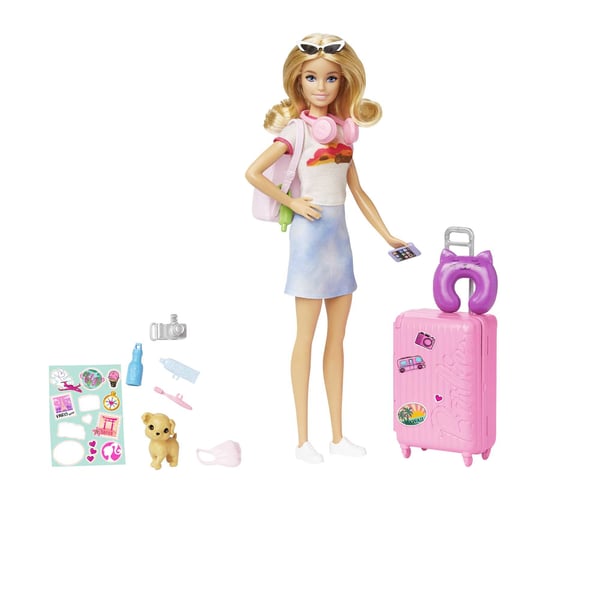 Barbie Dreamhouse Adventures Barbie-dukke og tilbehør, "Malibu" rejsesæt med hundehvalp og over 10 dele inklusive funktionel kuffert