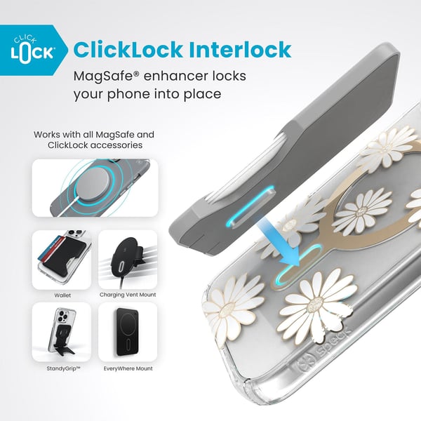 Speck Presidio Lux ClickLock & MagSafe - Cover til iPhone 16 Plus (Sunshine Daisies / Klar / Guld)