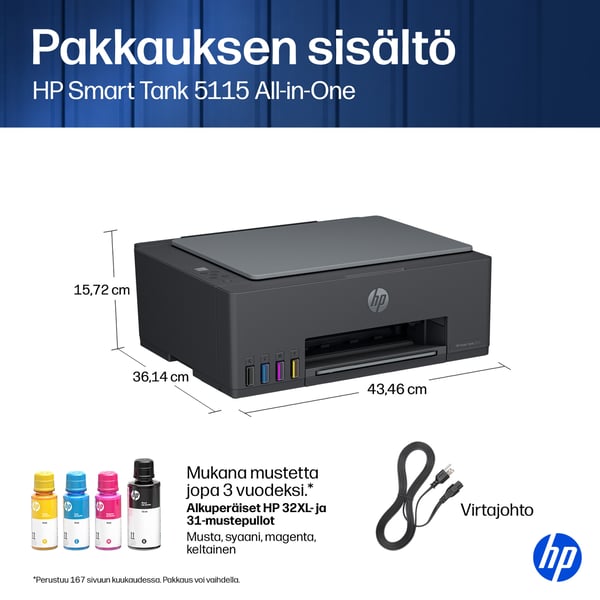 HP Smart Tank 5115 Langaton All-in-One Väri Tulostin, Up to 2 Years of ink included; Two-sided printing; Copier, Scanner