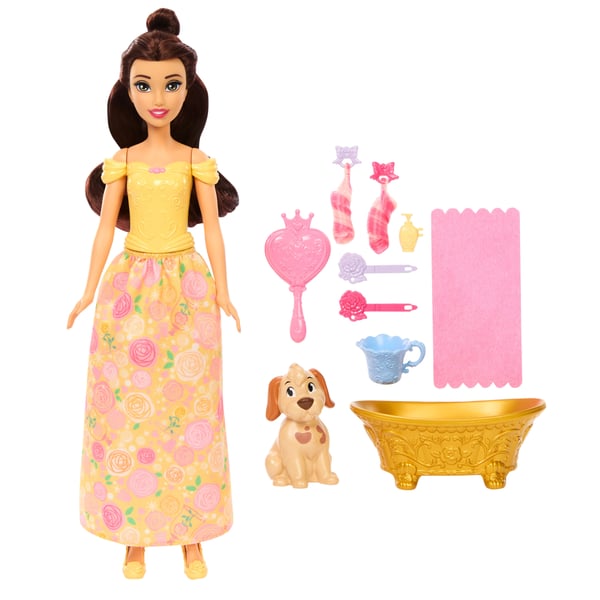 Disney Princess Belle-dukke og farveskiftende hundefigur med badetilbehør