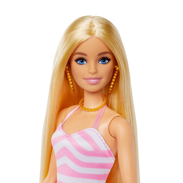 Barbie Vaaleahiuksinen -nukke, uima-asu ja ranta-aiheisia tarvikkeita