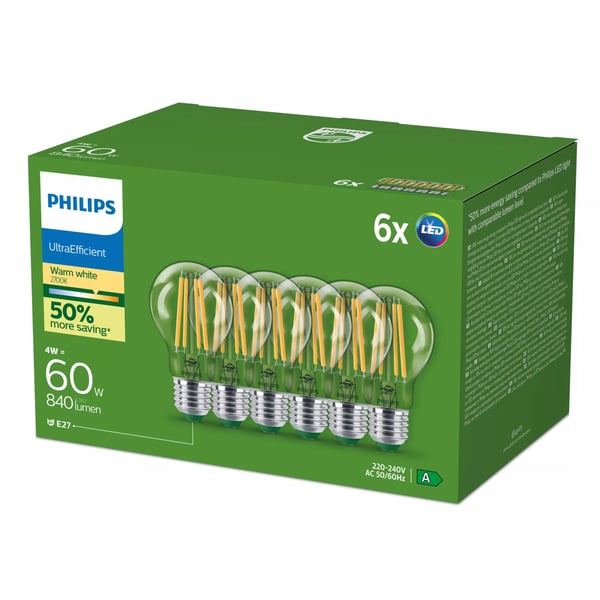 Philips Filament pære, klar 60 W A60 E27 x 6