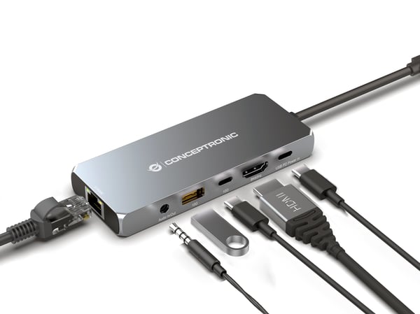 Conceptronic DONN22G kannettavien tietokoneiden telakka ja porttitoistin Langallinen USB 3.2 Gen 2 (3.1 Gen 2) Type-C Harmaa