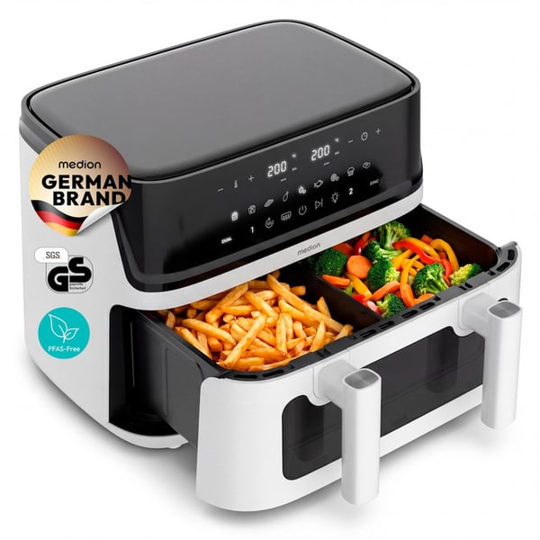 MEDION LIFE P25 XXL Dubbel 10,8 l Fristående 3040 W Varmluftsfritös Svart, Vit
