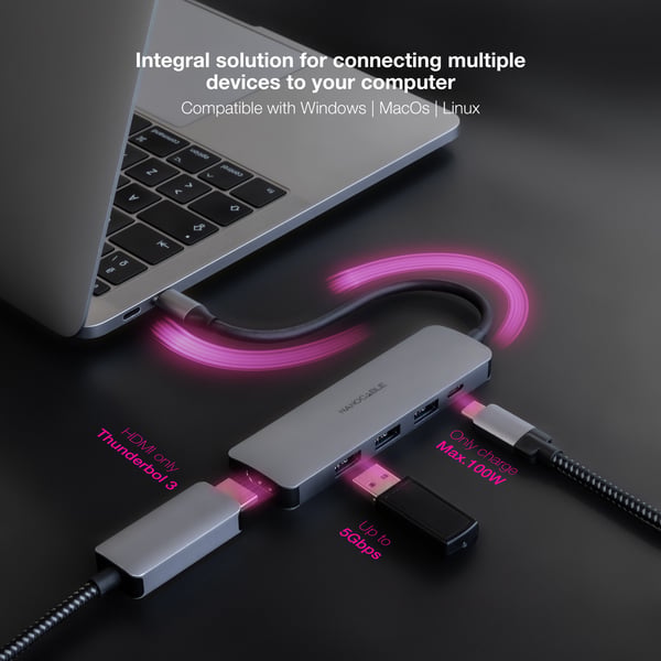 Nanocable 10.16.4605 kannettavien tietokoneiden telakka ja porttitoistin Langallinen USB 3.2 Gen 1 (3.1 Gen 1) Type-C Harmaa