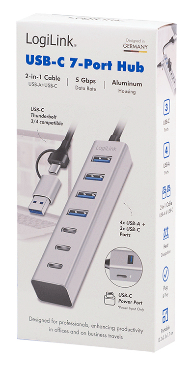 LogiLink UA0442 gränssnittshubbar USB 3.2 Gen 1 (3.1 Gen 1) Type-A + Type-C 5000 Mbit/s Grå