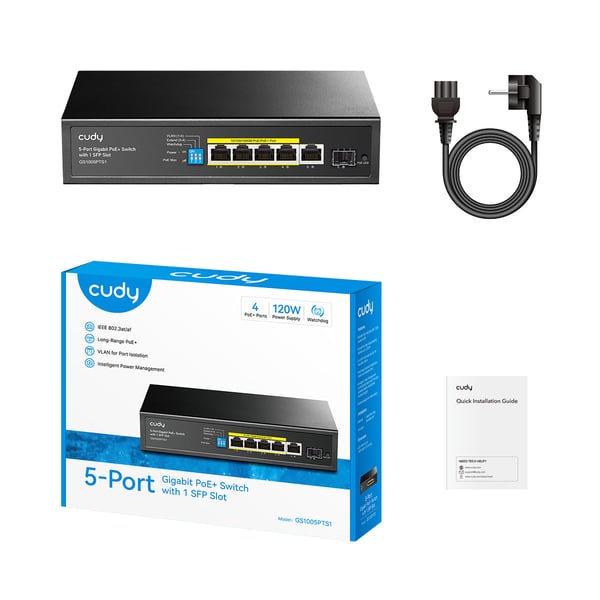 Cudy GS1005PTS1 nätverksswitchar Ohanterad Gigabit Ethernet (10/100/1000) Strömförsörjning via Ethernet (PoE) stöd Svart