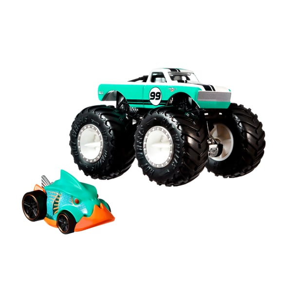 Hot Wheels Monster Trucks Hot Wheels-monstertruckar, fordon skala 1:64, 2-pack, 1 formgjuten truck och 1 bil