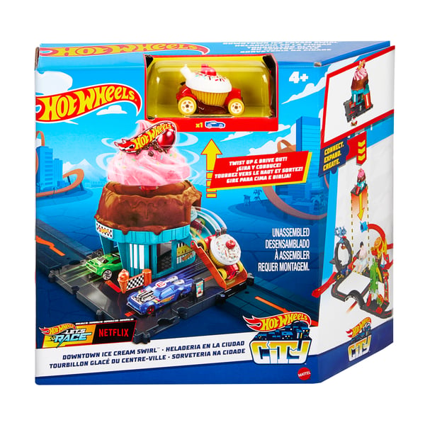 Hot Wheels City -banset med 1 -bil, lekset med glasskiosk