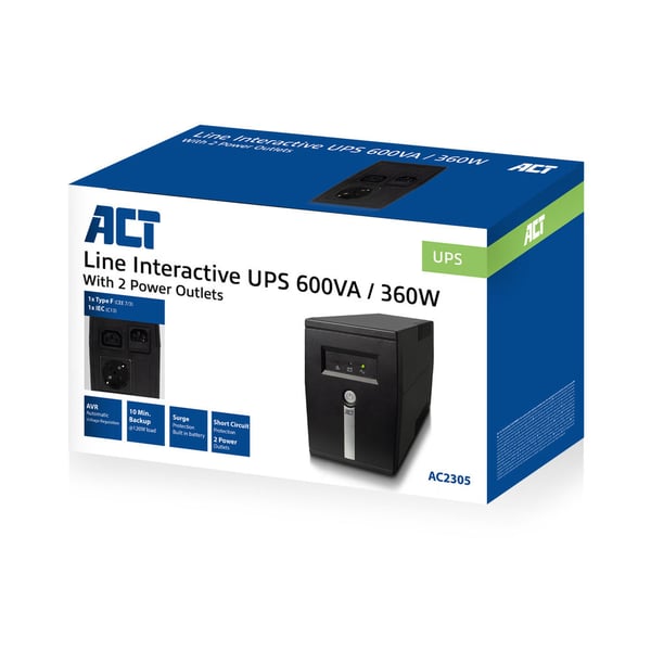 ACT AC2305 UPS-virtalähde Linjainteraktiivinen 0,6 kVA 360 W 2 AC-pistorasia(a)