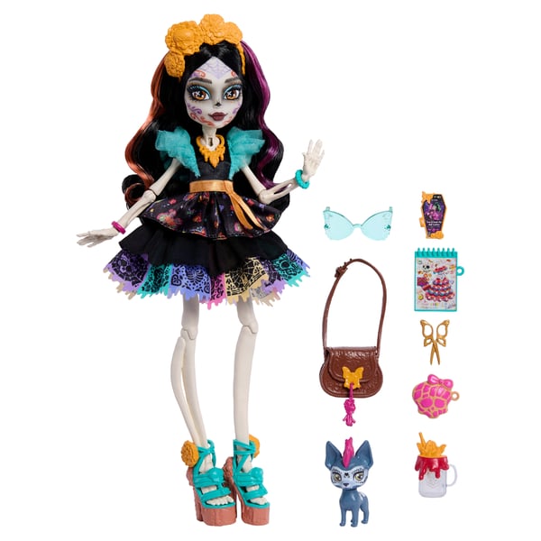 Monster High Skelita Calaveras-modedukke i glitrende kjole med kæledyret Candelita og 7 stk. tilbehør