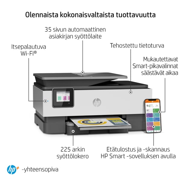 HP OfficeJet Pro 8022e Langaton All-in-One Väri Tulostin, Instant Ink; kaksipuolinen tulostus