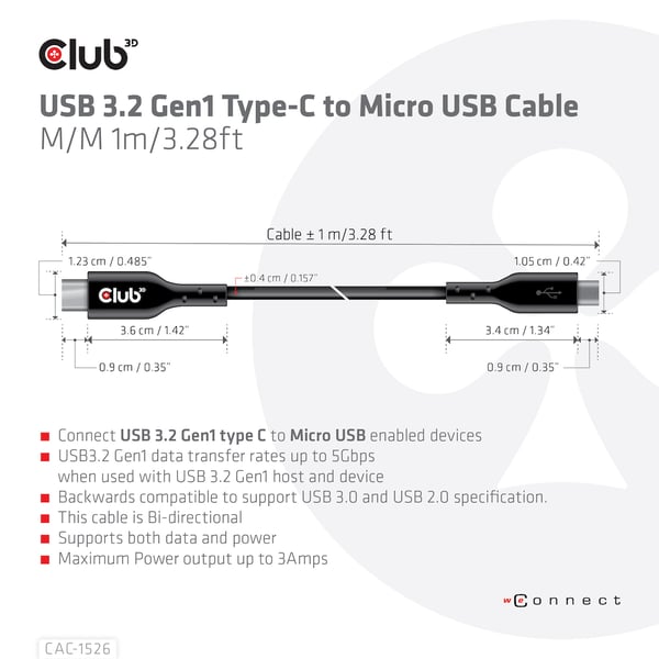 CLUB3D CAC-1526 USB-kabel USB 3.2 Gen 1 (3.1 Gen 1) 1 m USB C Micro-USB B 5 Gbit/sek. Sort