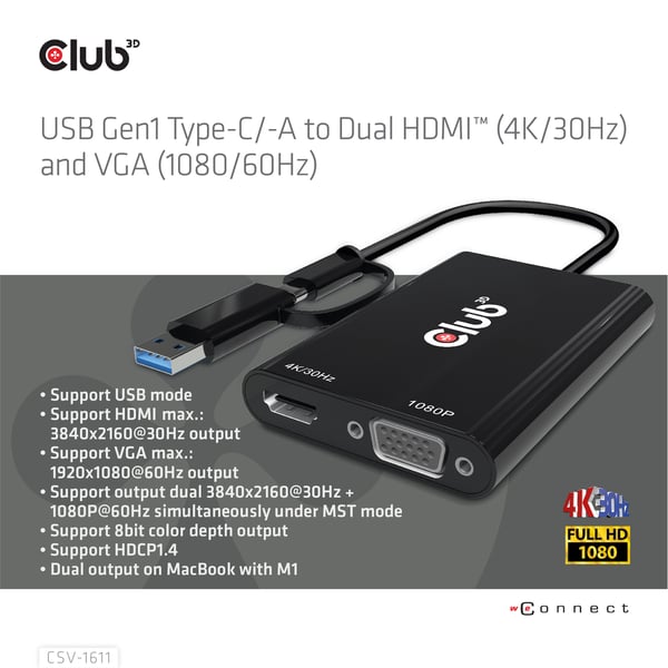 CLUB3D CSV-1611 USB-grafikadapter 3840 x 2160 pixlar Svart