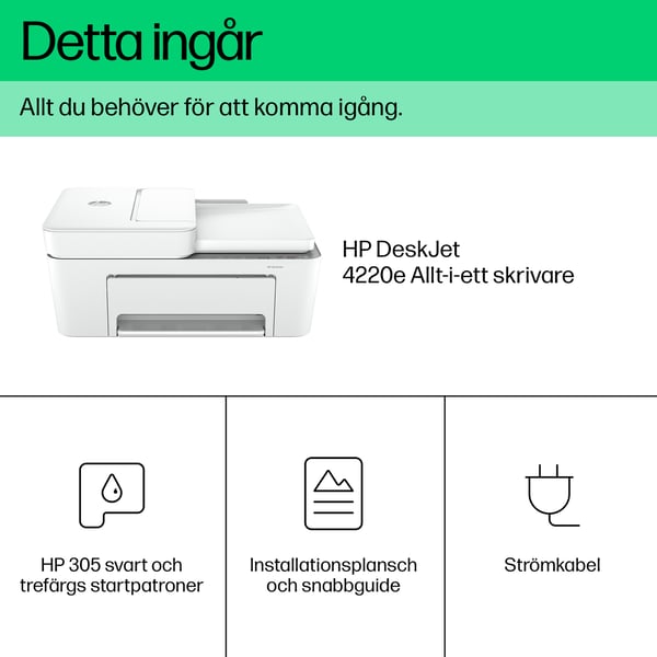 HP DeskJet 4220e Trådlöst All-in-One Färg Skrivare, Instant Ink; Kopiator och skanner