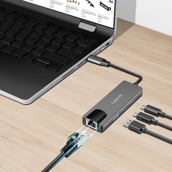 LogiLink UA0432 kannettavien tietokoneiden telakka ja porttitoistin Langallinen USB 3.2 Gen 1 (3.1 Gen 1) Type-C Harmaa