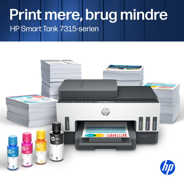HP Smart Tank 7315 Wireless All-in-One Farve Printer, Up to 2 Years of ink included; Two-sided printing; Copier, Scanner
