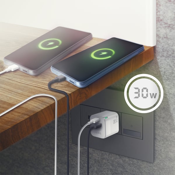 AISENS ASCH-30W2P004-W oplader til mobil enhed Universel Hvid Vekselstrøm Hurtig opladning Indendørs