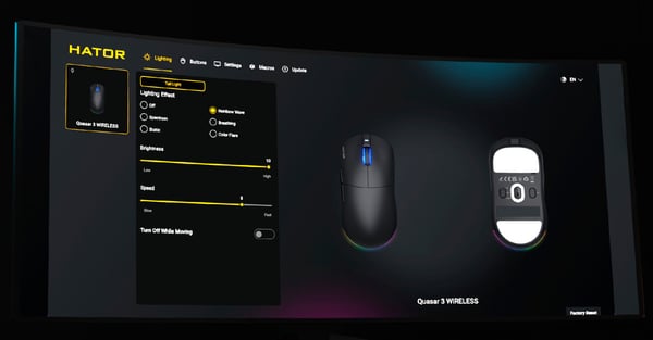 HATOR Quasar 3 Wireless gamingmus, 2.4 GHz + Bluetooth + USB, Optical Yellow 100M Switches, PixArt PAW3311, RGB, Web SyncHUB™, Sort
