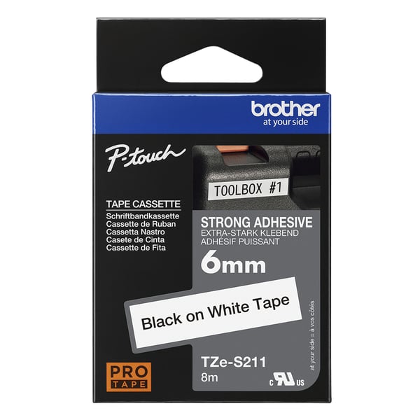 Brother TZe-S211 - Extra starkt lim - Svart på vitt - Rulle (0,6 cm x 8 m)