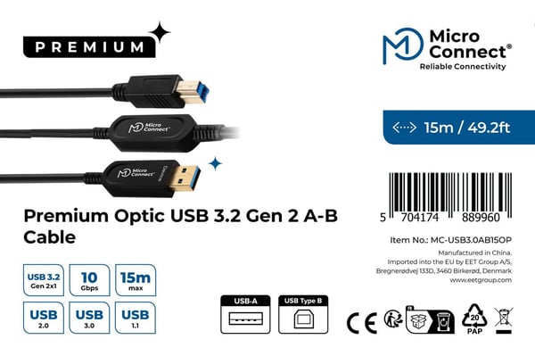 Microconnect MC-USB3.0AB15OP USB-kabel USB 3.2 Gen 2 (3.1 Gen 2) 15 m USB A USB B Sort