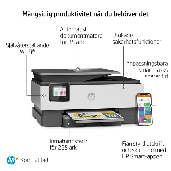 HP OfficeJet Pro 8022e Trådlöst All-in-One Färg Skrivare, Instant Ink; Dubbelsidig utskrift