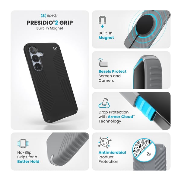 Speck Presidio2 Grip Magnet - Etui til Samsung Galaxy S25+ / 24+ MagSafe (Sort/Skifergrå/Hvid)