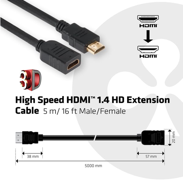 CLUB3D High Speed HDMI™ 1.4 HD Extension Cable 5m/16ft Male/Female