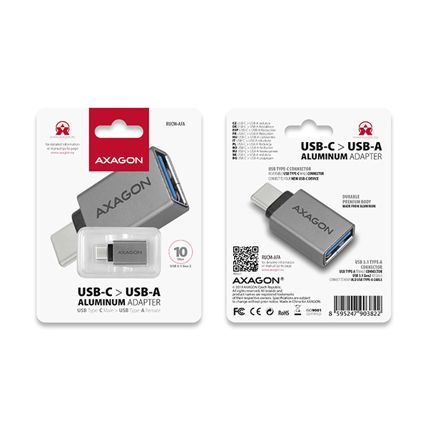 Axagon RUCM-AFA kabelomvandlare (hane/hona) USB type C USB type A Metallisk