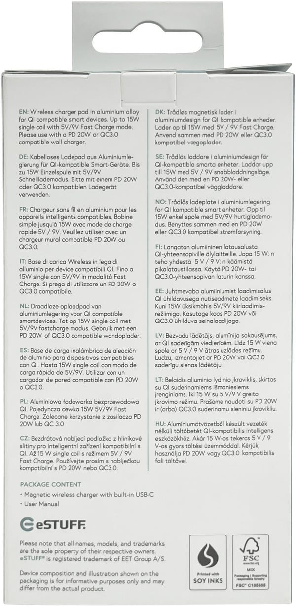 eSTUFF ES638300 mobilladdare Smartphone Aluminium AC Trådlös laddning Snabb laddning inomhus