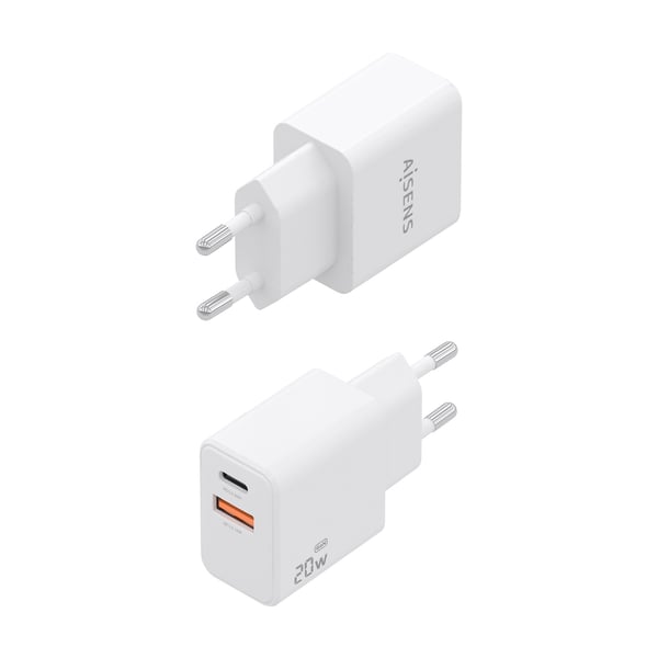 AISENS ASCH-20W2P083-W oplader til mobil enhed Mobiltelefon, Smartphone, Digitalt kamera, Universel, Tablet Hvid Vekselstrøm Hurtig opladning Indendørs