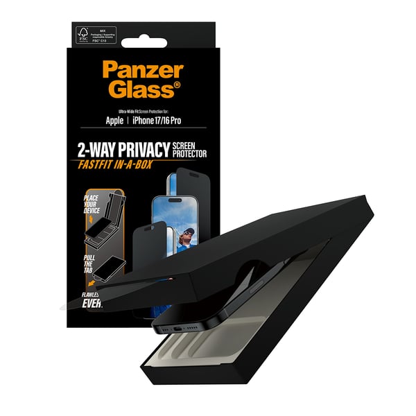 PanzerGlass ® 2-Way Privacy Screen Protector iPhone 17 | iPhone 16 Pro | Ultra-Wide Fit w. Fastfit in-a-box Genomskinligt skärmskydd Apple 1 styck