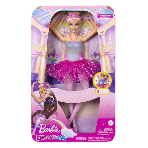 Barbie Dreamtopia Twinkle Lights Ballerina -nukke, jolla on vaaleat hiukset, valotoiminto, hiuspanta ja tutu