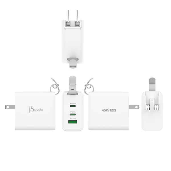 j5create 65W GaN USB-C 3-portars reseladdare med utbytbara AC-kontakter och USB-C-kabel