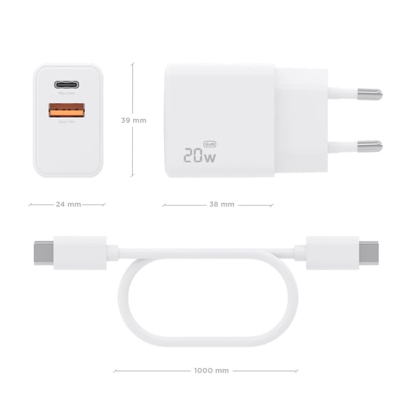 AISENS ASCH-20W2P083-W oplader til mobil enhed Mobiltelefon, Smartphone, Digitalt kamera, Universel, Tablet Hvid Vekselstrøm Hurtig opladning Indendørs