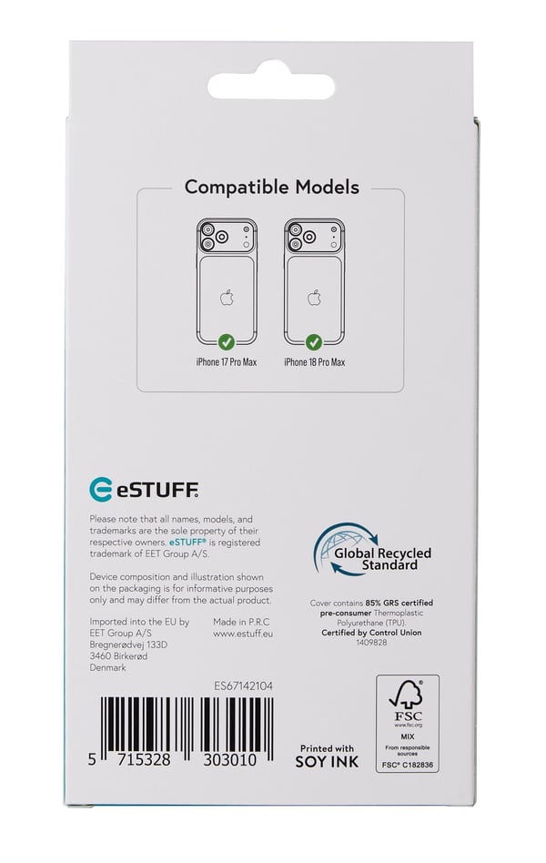 eSTUFF INFINITE (GRS) OSLO iPhone 18 Pro Max/17 Pro Max Clear Magnetic Cover. Material: 65% (GRS) recycled PC and 21% (GRS) recycled TPU mobiltelefon etui Transparent
