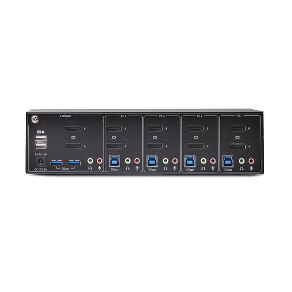 StarTech.com DisplayPort KVM-switch med fyra portar för dubbla bildskärmar, 4K 60 Hz, 2x USB 5 Gbps-hubbportar, 2x USB 2.0 HID-portar, växling med genvägskommando och tryckknapp, TAA-kompatibel - ESD-skydd på nivå 3.5
