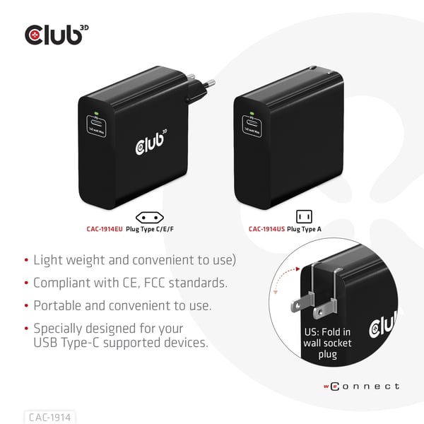 CLUB3D Travel Charger 140 Watt GaN technology, Single port USB Type-C, Power Delivery(PD) 3.1 Support