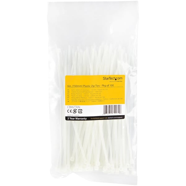 StarTech.com 100-pack 6" (15 cm) buntband - 1/8" (3,6 mm) breda, 1-3/8" (39 mm) buntdiameter, 40 lb (18 kg) draghållfasthet, självlåsande nylonbuntband med böjd spets, UL-godkända, vitt - TAA