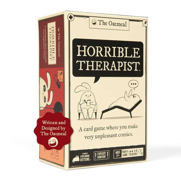 Asmodee Horrible Therapist Therapy can be horrible so we made a game about it.Playing is easy. You’ll make 3 panel comics about it with your friends. You’ll laugh. You’ll gasp. You’ll be mildly offended (in a fun way). But ultimately, you’ll feel great when your intrusive thoughts help you win this adult card game! Perfect for pregaming, parties, or any situation where you need to get rowdy with a group. Kortspel