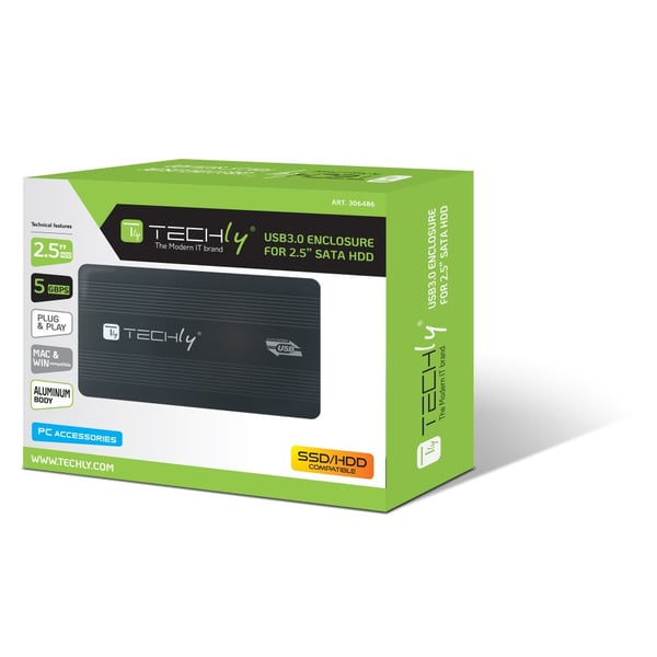 Techly I-CASE SU3-25B tallennusaseman kotelo Musta 2.5" USB-virta